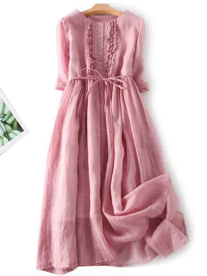 Dress for Women – Midi Length – A-line Fit – Natural Fibers – Buttons and Belt