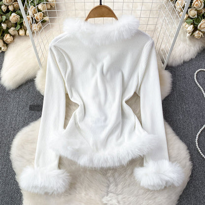 Esme Elegant Ribbed Top | Faux Fur Trim fixed this