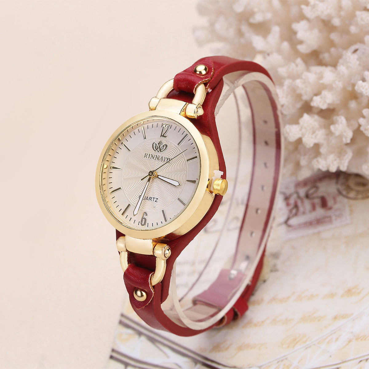 Lucia Leather Studded Strap Wristwatch | Textured Dial Wristwatch