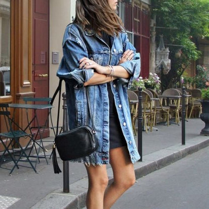 Women's Jacket – Oversized Denim – Knee-Length – Buttons and Pockets – Relaxed Fit