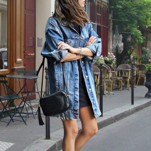 Women's Jacket – Oversized Denim – Knee-Length – Buttons and Pockets – Relaxed Fit