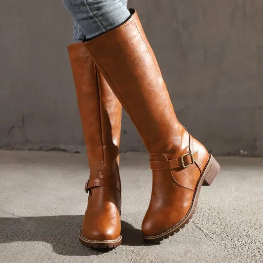 Women's Knee-High Boots – Snug Fit – Buckle – Durable Leather Look
