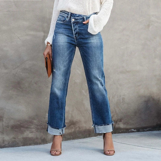 Women's Jeans – Straight Fit – High Waist – Distressed Details – Rolled Hem