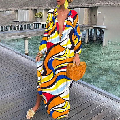 Women's Caftan – Loose Fit – Deep V-neck – Long Sleeves – Light and Elegant