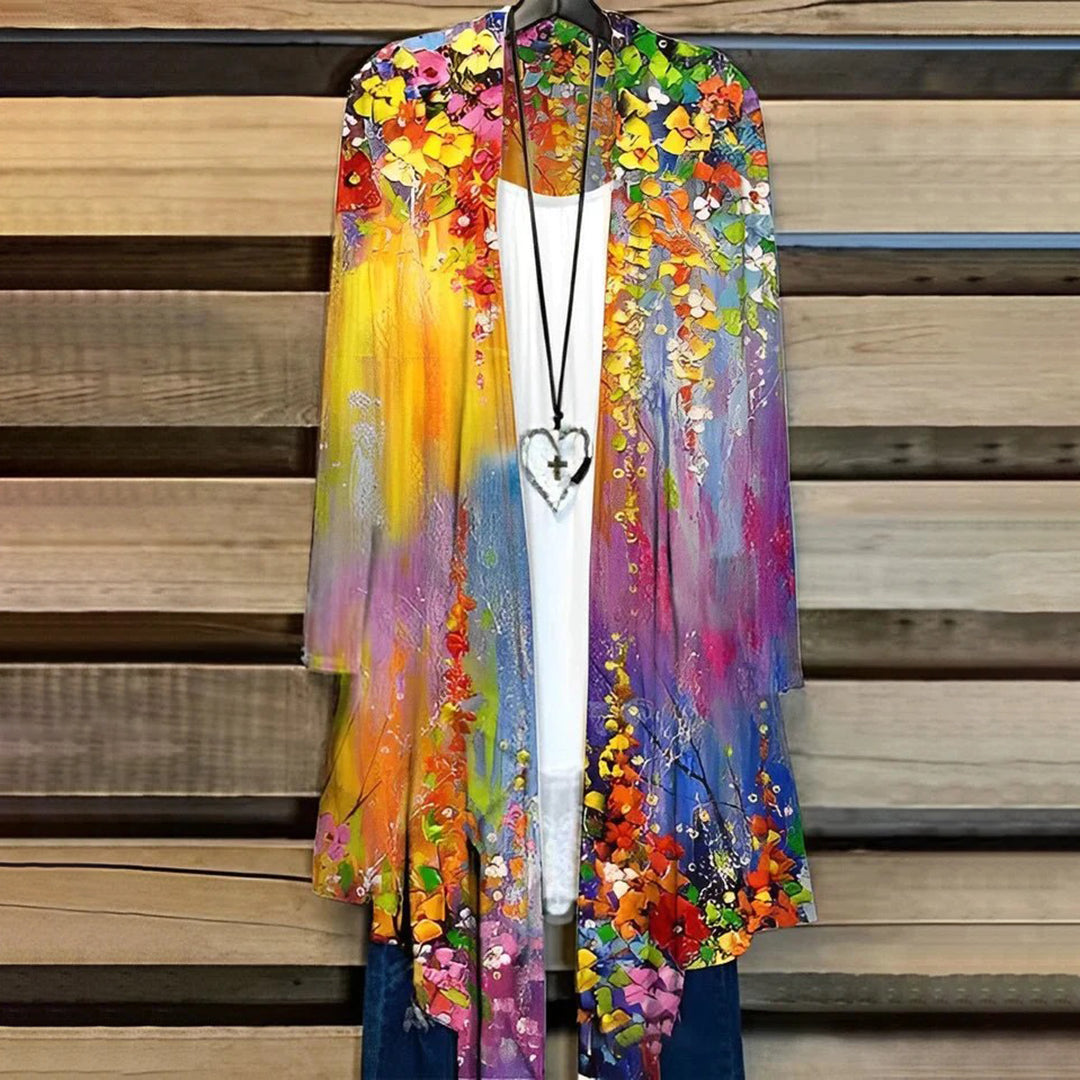 Dame Kimono-Cardigan – Åpen Front – Lett og Luftig – Blomstrete Mønster