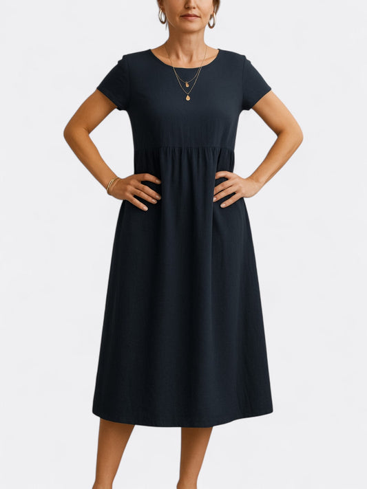 Dress woman – A-line fit – Soft drape – Short-sleeved – O-neck – Breathable fabric