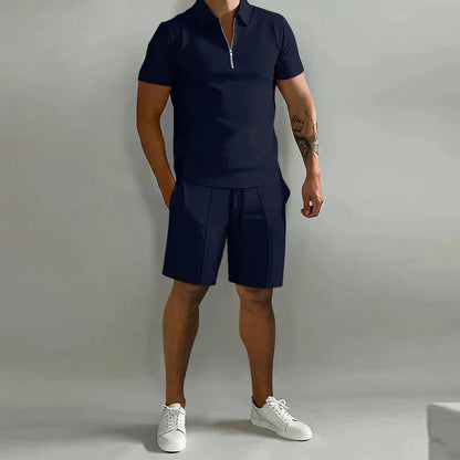 Men's Set with Polo and Shorts – Slim Fit Top – Elastic Waist – Breathable Fabric