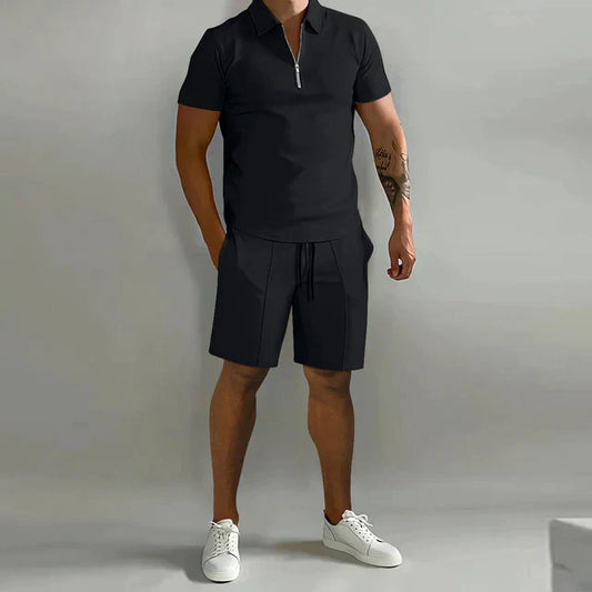 Men's Set with Polo and Shorts – Slim Fit Top – Elastic Waist – Breathable Fabric