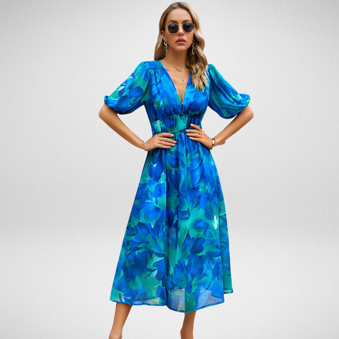 Dress for Women – Maxi Dress with Relaxed Fit – Puff Sleeves – V-Neckline – Breathable Fabric