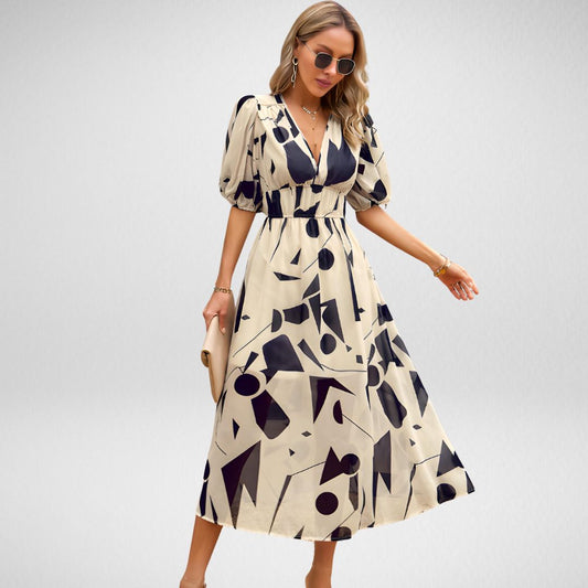 Dress for Women – Maxi Dress with Relaxed Fit – Puff Sleeves – V-Neckline – Breathable Fabric