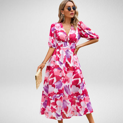 Dress for Women – Maxi Dress with Relaxed Fit – Puff Sleeves – V-Neckline – Breathable Fabric