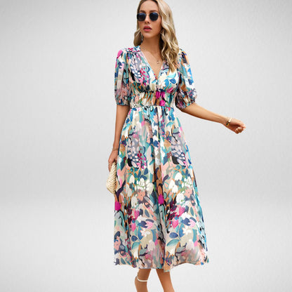 Dress for Women – Maxi Dress with Relaxed Fit – Puff Sleeves – V-Neckline – Breathable Fabric