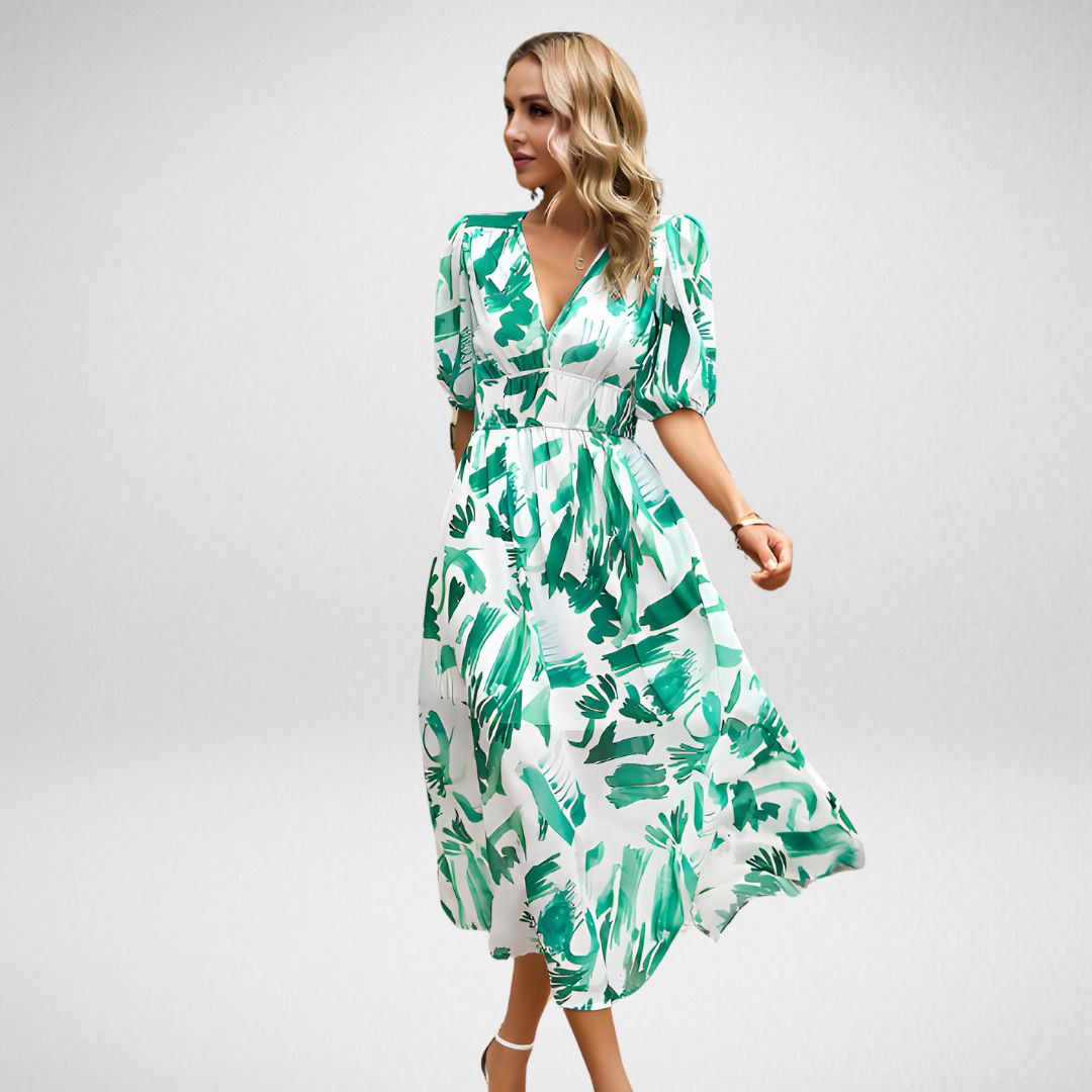Dress for Women – Maxi Dress with Relaxed Fit – Puff Sleeves – V-Neckline – Breathable Fabric