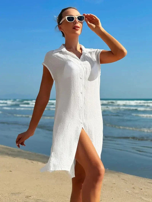 Women's Shirt Dress - Light and Breathable - Knee-Length - Short-Sleeved Beachwear