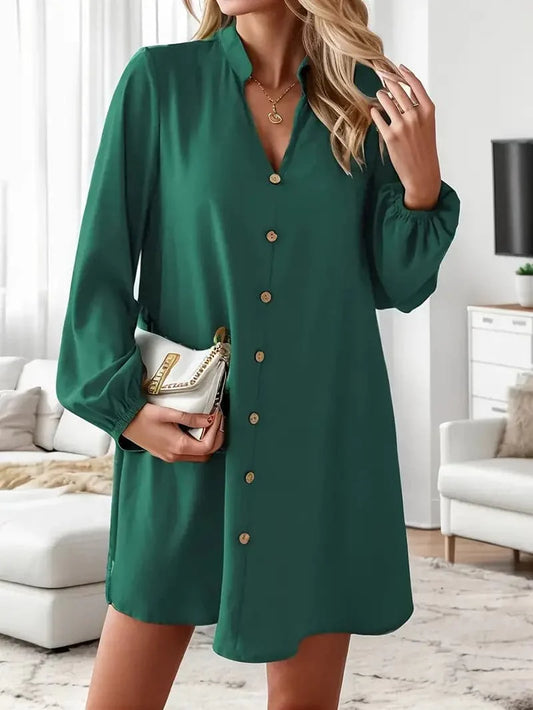Dame Skjortekjole – Knelang – V-hals – Lange Ermer – Elegant og Casual