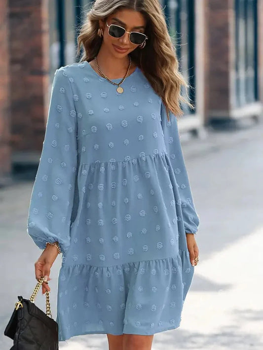 Women's Dress - Layered Design - Long Sleeves - Embroidered Texture - Comfortable Fit