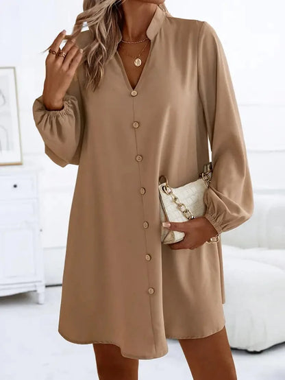 Dame Skjortekjole – Knelang – V-hals – Lange Ermer – Elegant og Casual