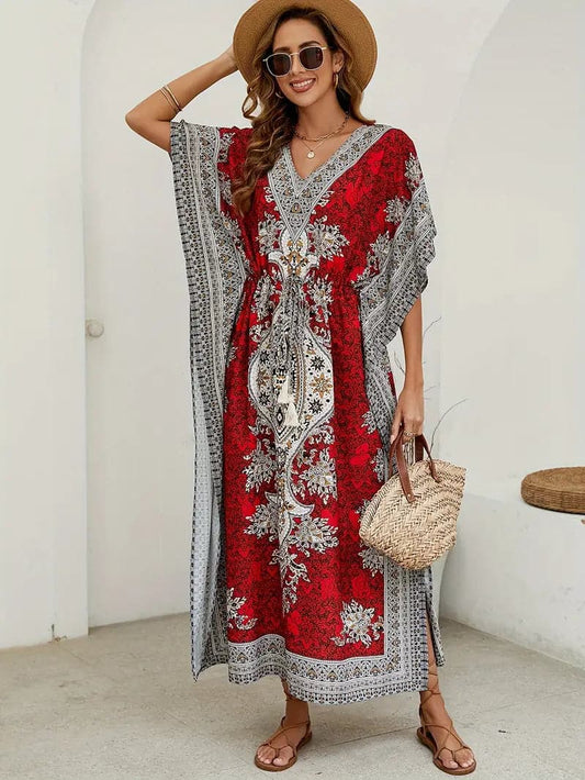 Women's Caftan Dress – Loose Fit – V-neck – Waistband – Light and Airy