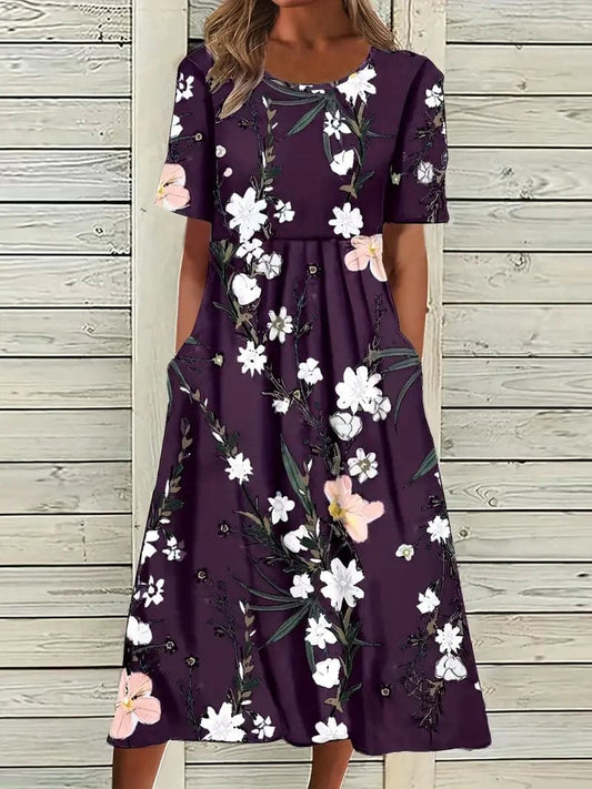 Women's Dress - A-line Midi - Floral Print - Short Sleeves - Round Neck - With Pockets