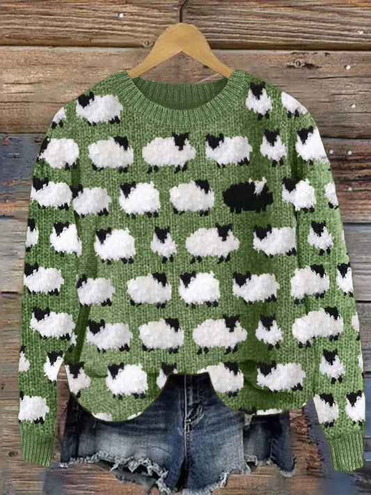 Women's Sweater – Relaxed Fit – Wool Knit – Round Neck – Sheep Pattern