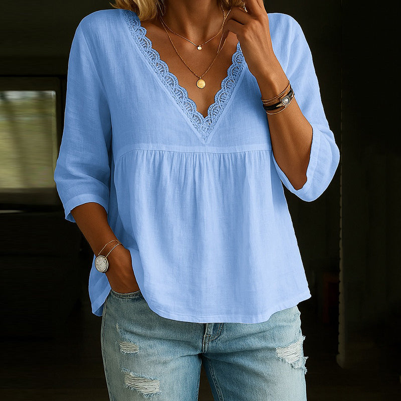 Women's V-neck T-shirt – Relaxed fit – Natural fibers – Lace trim – 3/4 sleeve
