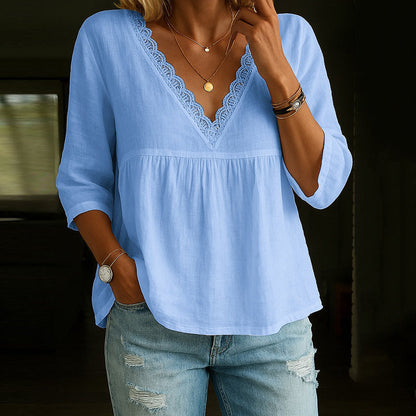 Women's V-neck T-shirt – Relaxed fit – Natural fibers – Lace trim – 3/4 sleeve