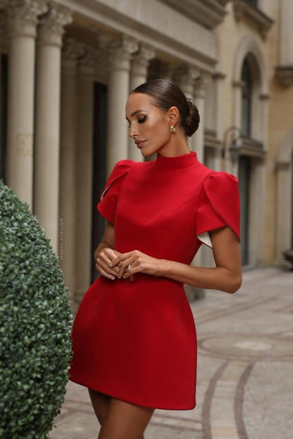 Dress for Women – Mini Dress with Puff Sleeves – Tailored Fit – Open Back with Bow and Buttons