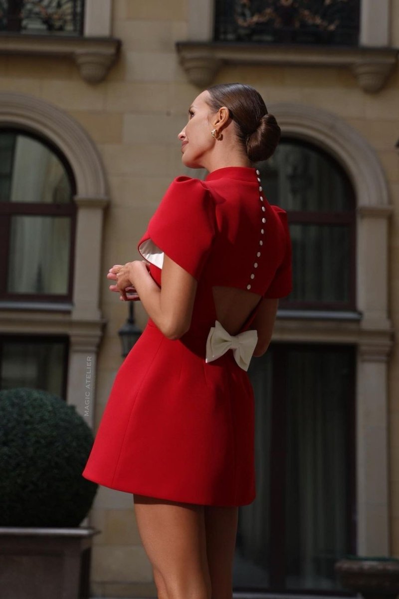 Dress for Women – Mini Dress with Puff Sleeves – Tailored Fit – Open Back with Bow and Buttons