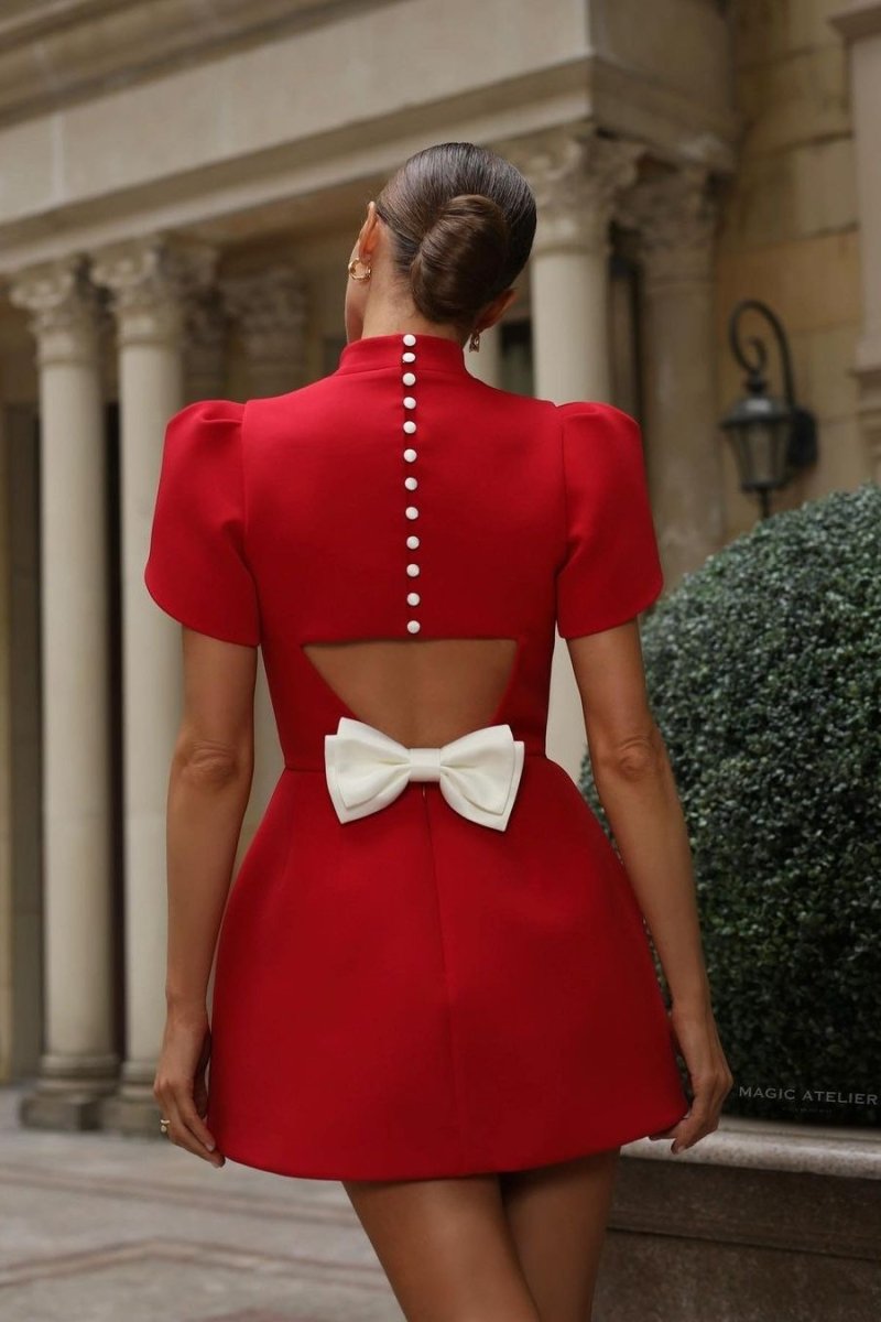 Dress for Women – Mini Dress with Puff Sleeves – Tailored Fit – Open Back with Bow and Buttons