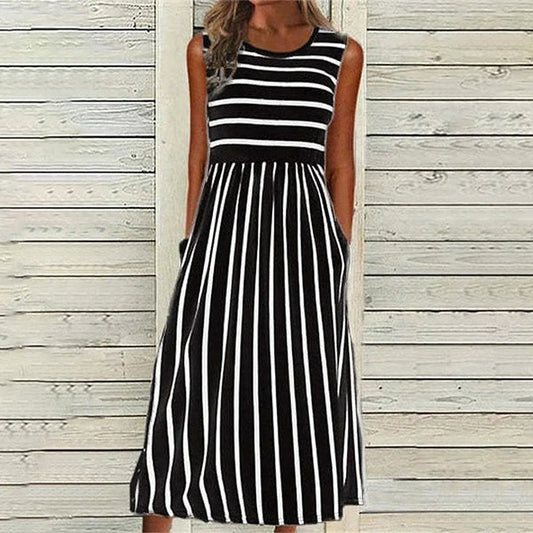 Women's Midi Dress – Relaxed Fit – Striped Pattern – Natural Fibers