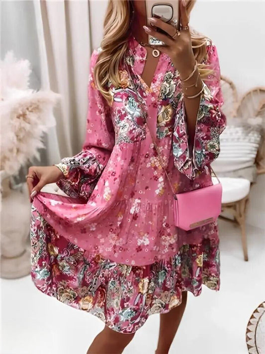 Women's Dress – A-line Fit – V-neck – Long Sleeves – Floral Print – Airy Fabric