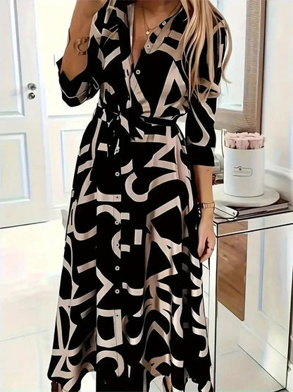 Women's Shirt Dress – Graphic Pattern – Midi Length – Adjustable Fit – 3/4 Sleeves