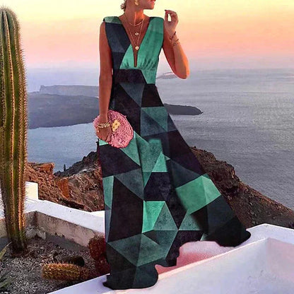 Women's Maxi Dress – Flowy Fit – Sleeveless – Deep V-Neck – Breathable Fabric – Floral Print