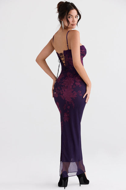 Dress for Women – Form-Fitting Maxi – Spaghetti Straps – Lacing Back – Floral Print