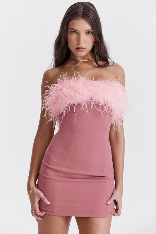 Women's Mini Dress – Tight Fit – Strapless – Feather Trim – Evening Outfit