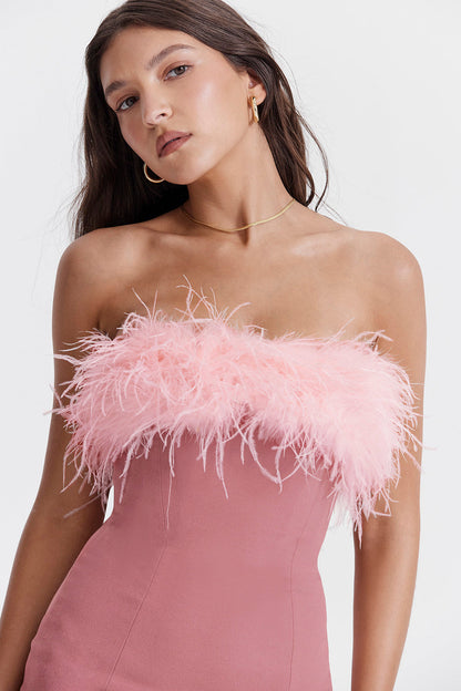Women's Mini Dress – Tight Fit – Strapless – Feather Trim – Evening Outfit