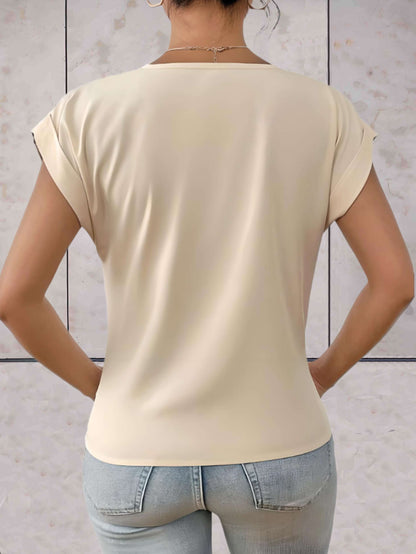 Women's Blouse - V-Neck - Short Rolled Sleeves - Loose Fit - Knot Detail