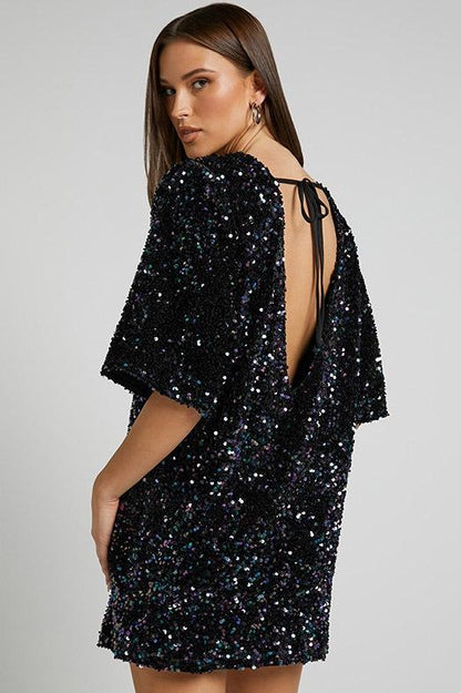 Women's Mini Dress – Sequin Fabric – Relaxed Fit – Deep V-Back – Short Sleeve