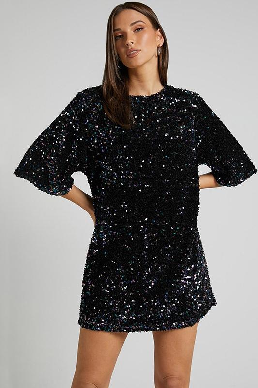 Women's Mini Dress – Sequin Fabric – Relaxed Fit – Deep V-Back – Short Sleeve
