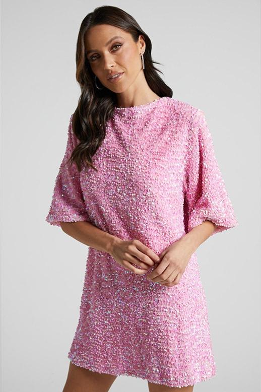 Women's Mini Dress – Sequin Fabric – Relaxed Fit – Deep V-Back – Short Sleeve