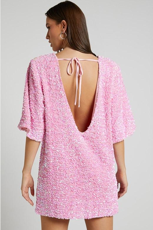 Women's Mini Dress – Sequin Fabric – Relaxed Fit – Deep V-Back – Short Sleeve