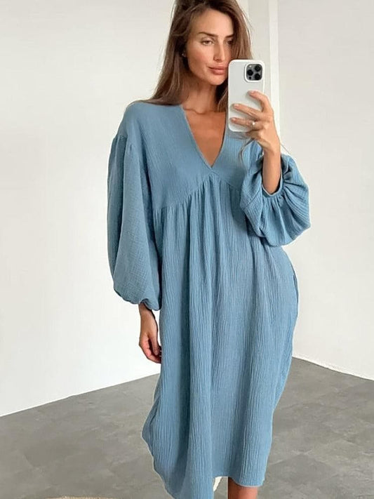 Women's Maxi Dress - Loose Fit - V-Neck - Long Voluminous Sleeves - Comfortable and Airy