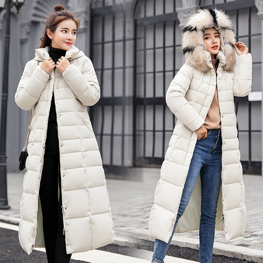 Women's Long Down Coat - Padded and Windproof - Detachable Hood with Faux Fur - Warm and Comfortable