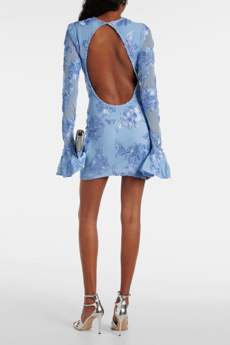 Women's Mini Dress – Fitted Silhouette – Floral Embroidery – Open Back – Flare Sleeves
