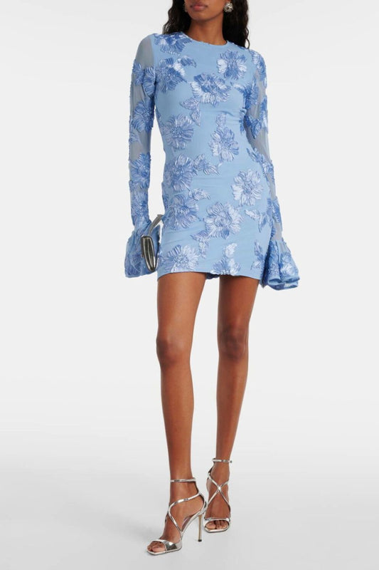 Dress woman – tight-fitting mini length – floral embroidered – open back – long sleeves