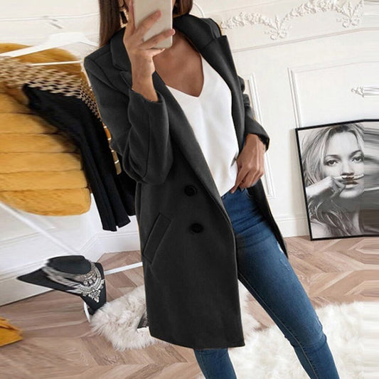 Women's Blazer Coat – Tailored Fit – Wool Blend – Double-Breasted – Knee-Length
