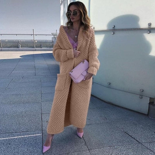 Women's Long Knitted Cardigan - Oversized Fit - Open Front - Chunky Knit with Pockets