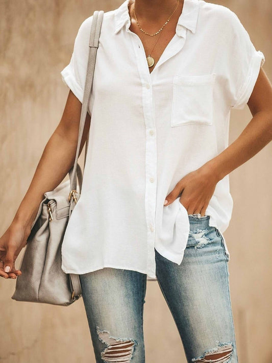 Women's Blouse with Collar – Relaxed Fit – Short Sleeves – Breathable Fabric – Front Buttoning