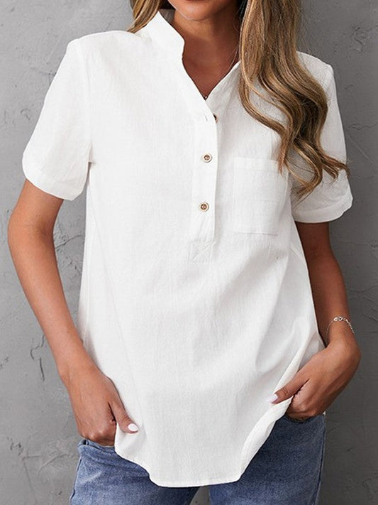 Women's Blouse – Relaxed Fit – Natural Fibers – Short Sleeve – Stand Collar