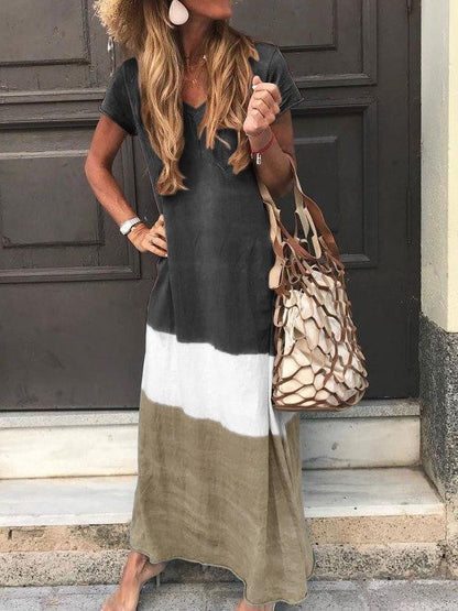 Dress for Women – Maxi Dress – Relaxed Fit – V-Neck – Short Sleeve – Breathable Fabric – Striped Patchwork